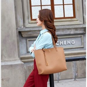 Beige Soft Leather Tote Shoulder Bag